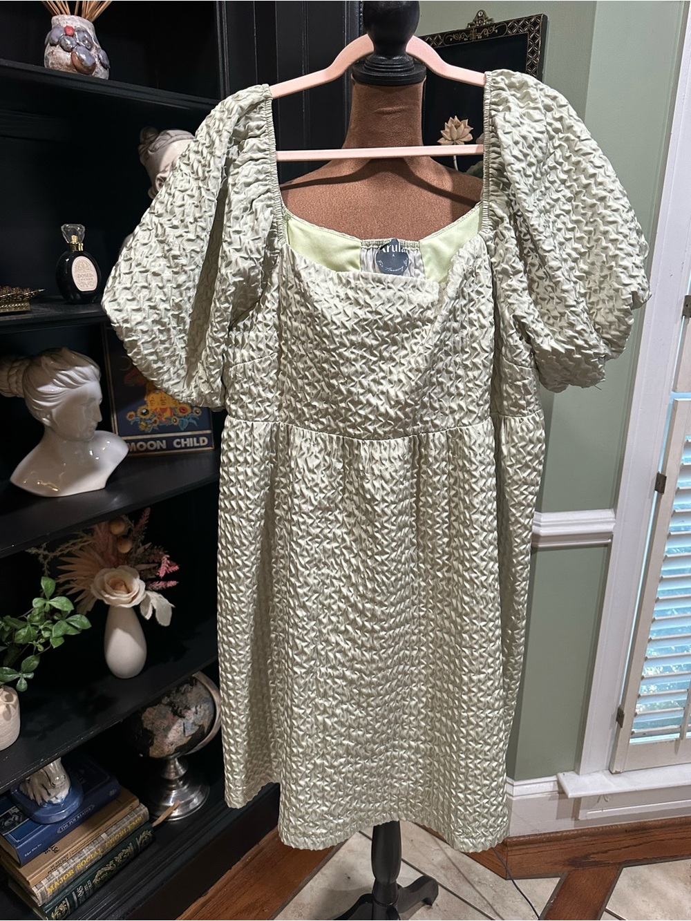 Arula Green Metallic Jacquard Puff Sleeve Babydoll Mini Dress